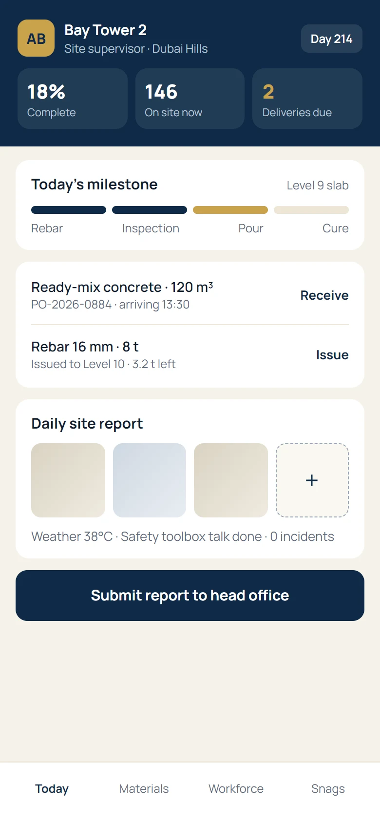 Site supervisor app — milestones, deliveries, materials and daily reports for a construction site. Concept design for a fictional client.
