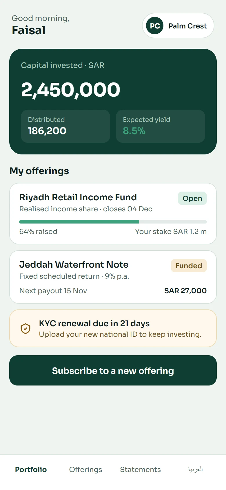 Investor app — capital, distributions, offerings and KYC for a Saudi investment firm (SAR). Concept design for a fictional client.