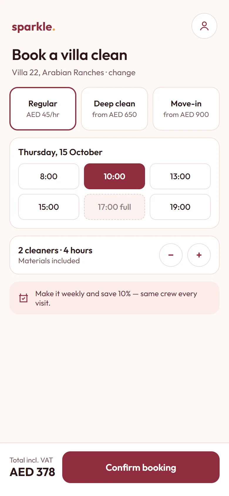 Customer booking app — services, time slots and instant confirmation for a Dubai villa-care brand. Concept design for a fictional client.