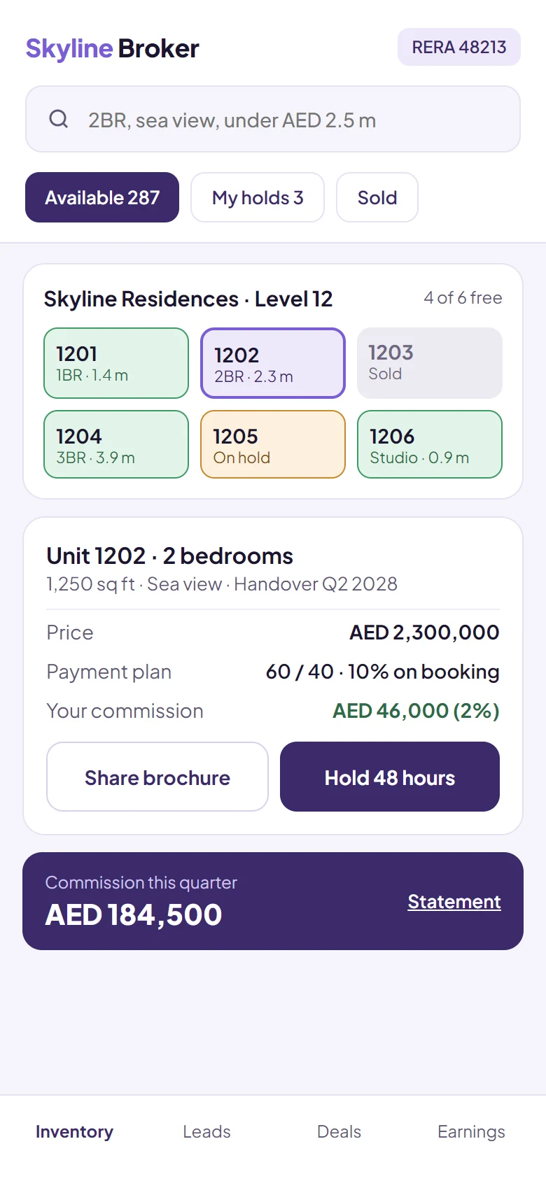 Broker app — live unit availability, 48-hour holds and commissions for a UAE brokerage. Concept design for a fictional client.