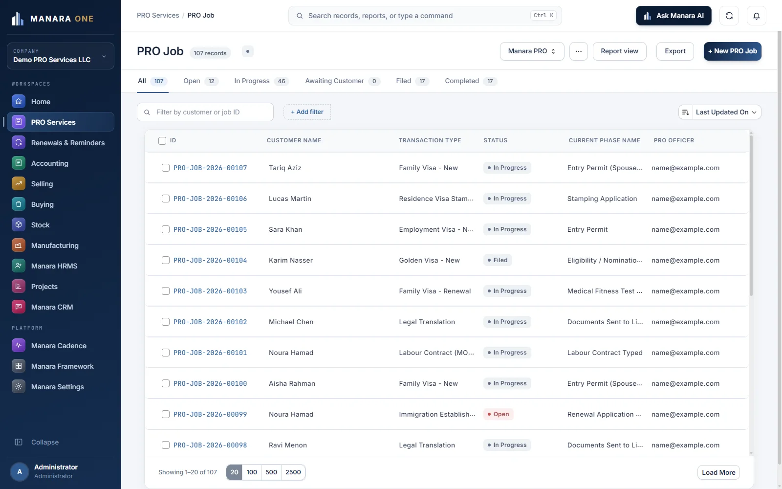 Manara PRO jobs list showing visa, Emirates ID, labour and licence files, transaction types, current phases and PRO officers with demo data.