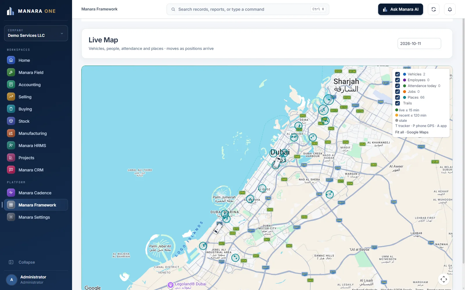 Manara live map showing vehicles, people, jobs, places and tracking layers across the UAE with demo data.