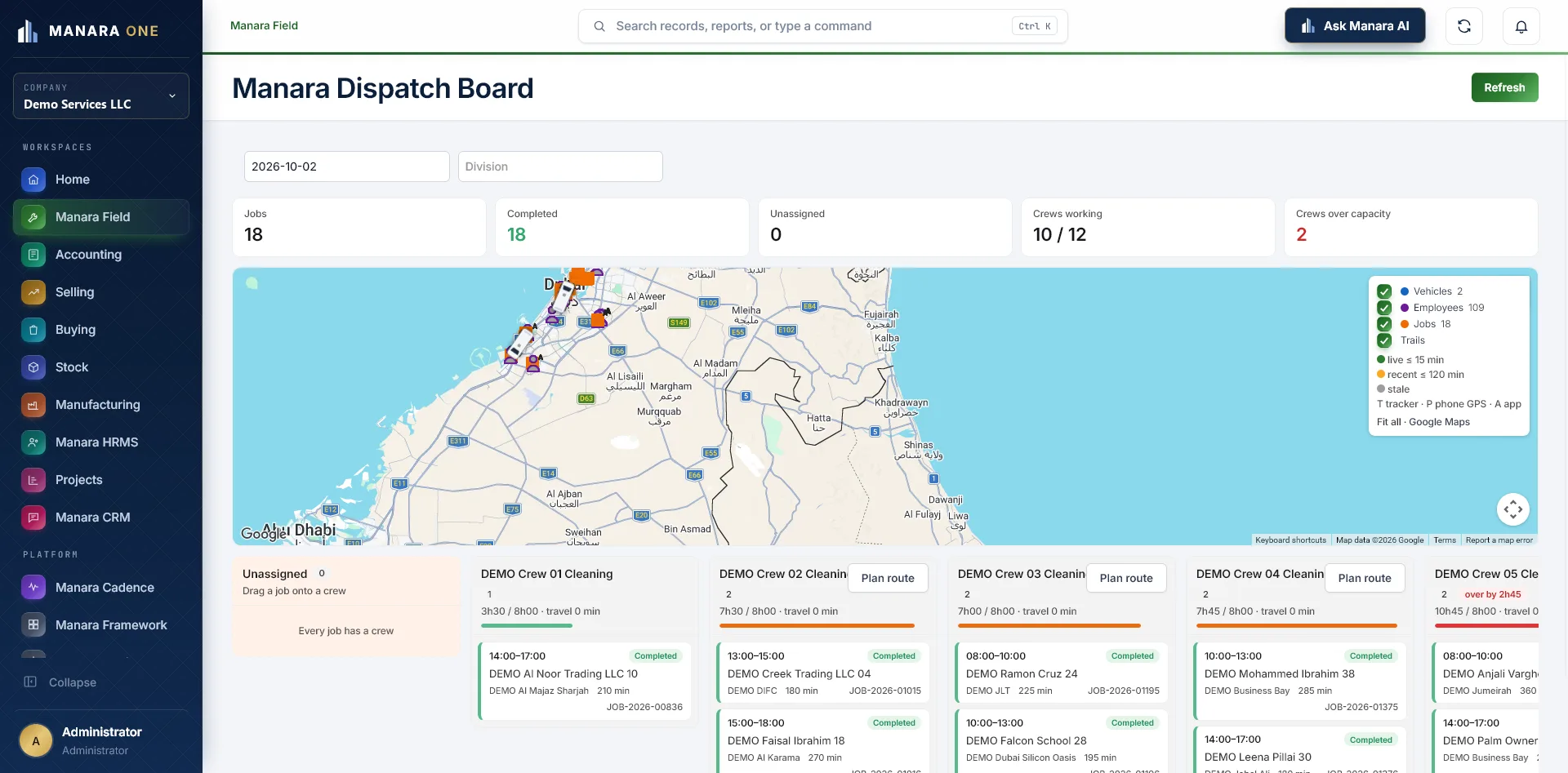 Manara Field dispatch board with a live UAE map of crews, vehicles and jobs, job totals, crew capacity lanes, scheduled job cards and route planning buttons, using demo data.