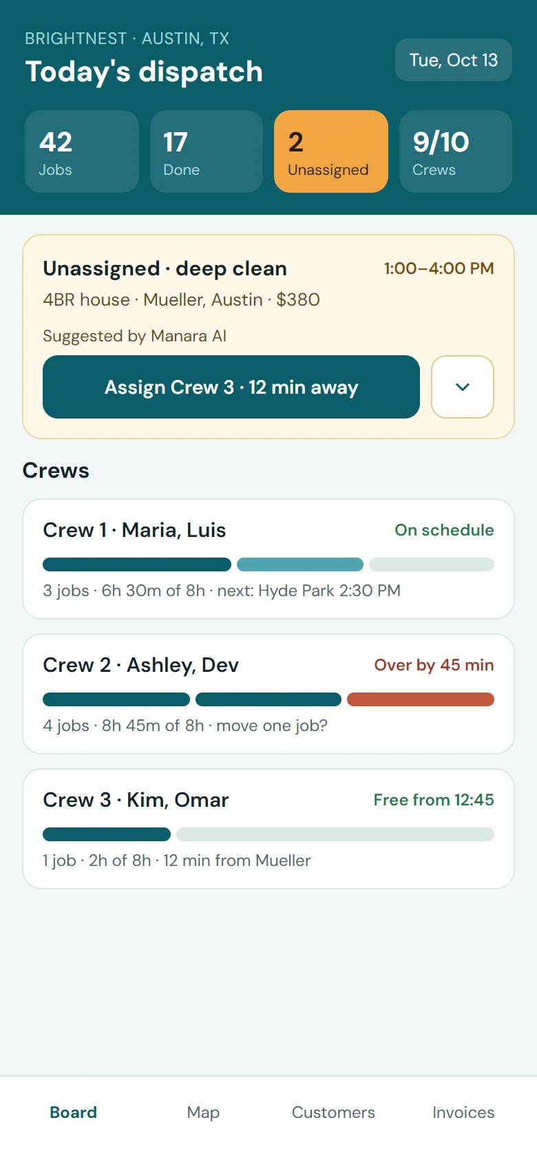 Dispatcher app — crews, capacity and AI-suggested assignments for a Texas cleaning company (USD). Concept design for a fictional client.